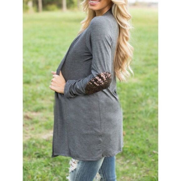 ✨Grey Elbow Patch Sequined Cardigan✨ - Picture 3 of 4